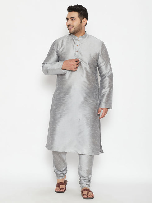 Vastramay Men's Plus Size Grey Silk Blend Kurta Pyjama Set