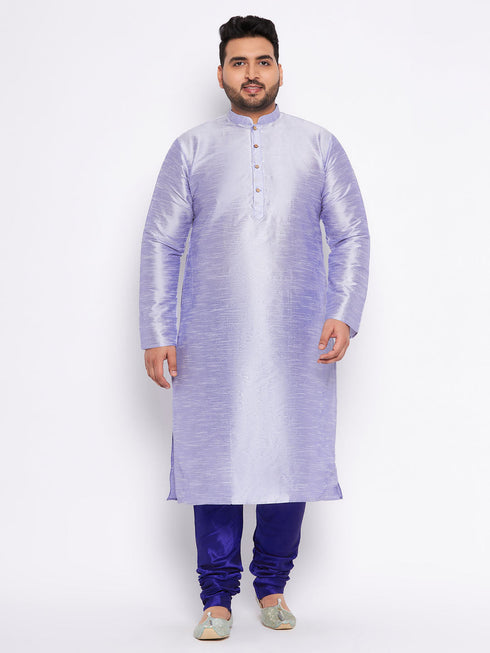 Vastramay Men's Plus Size Lavender Silk Blend Kurta And Blue Pyjama Set