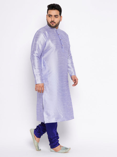 Vastramay Men's Plus Size Lavender Silk Blend Kurta And Blue Pyjama Set