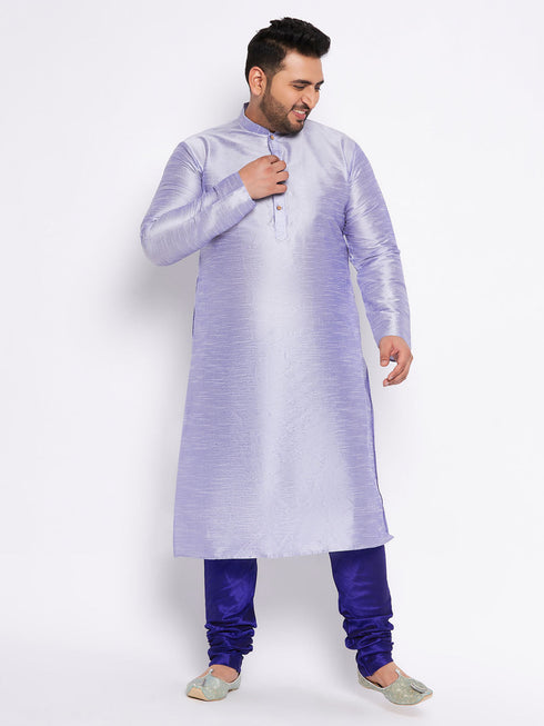 Vastramay Men's Plus Size Lavender Silk Blend Kurta And Blue Pyjama Set
