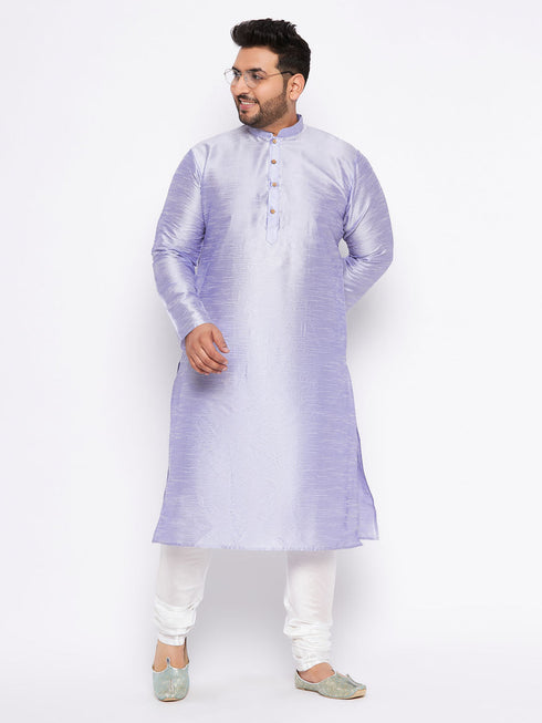 Vastramay Men's Plus Size Lavender Silk Blend Kurta And White Pyjama Set