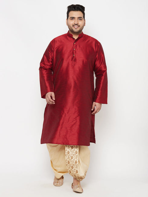 Vastramay Men's Plus Size Maroon Silk Blend Kurta And Gold Dhoti Set