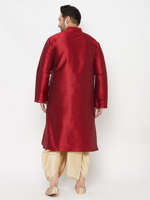 Vastramay Men's Plus Size Maroon Silk Blend Kurta And Gold Dhoti Set