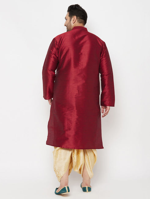 Vastramay Men's Plus Size Maroon Silk Blend Kurta And Gold Dhoti Set
