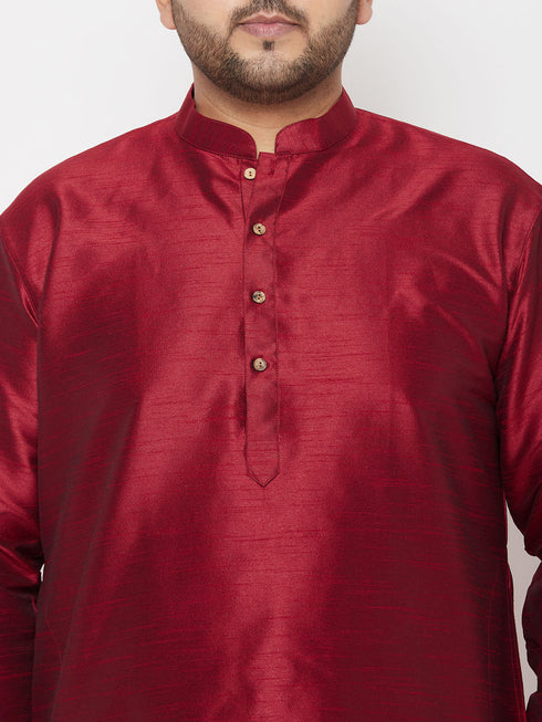 Vastramay Men's Plus Size Maroon Silk Blend Kurta And Gold Dhoti Set