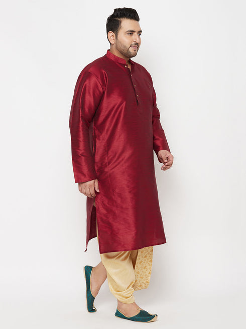 Vastramay Men's Plus Size Maroon Silk Blend Kurta And Gold Dhoti Set