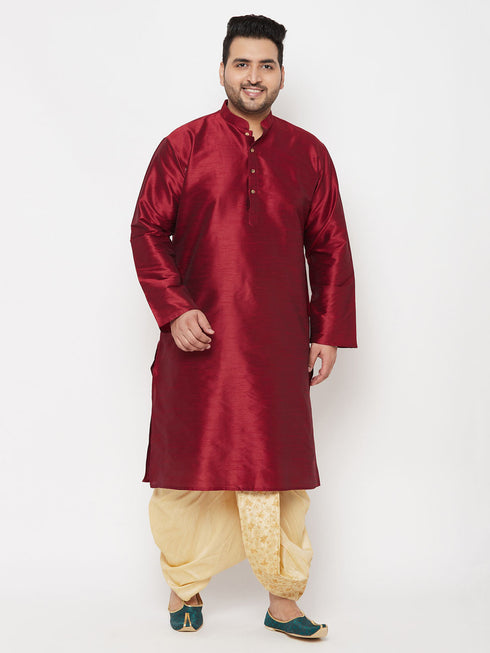 Vastramay Men's Plus Size Maroon Silk Blend Kurta And Gold Dhoti Set