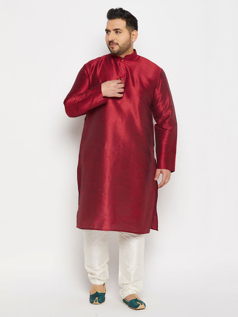 Vastramay Men's PLus Size Maroon Silk Blend Kurta and Cream Pant Style Pyjama Set