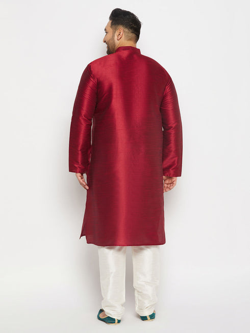 Vastramay Men's PLus Size Maroon Silk Blend Kurta and Cream Pant Style Pyjama Set