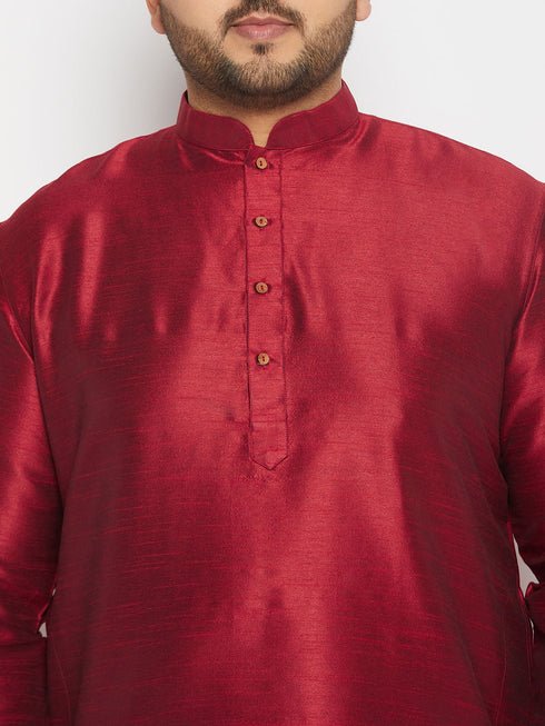 Vastramay Men's PLus Size Maroon Silk Blend Kurta and Cream Pant Style Pyjama Set