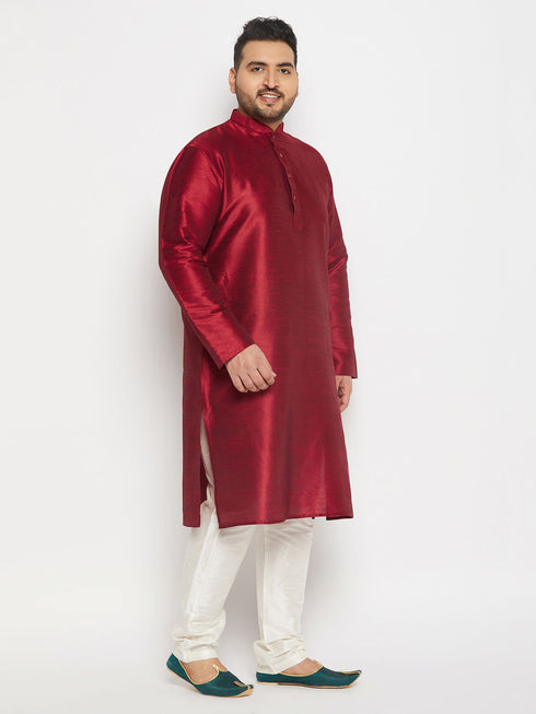 Vastramay Men's PLus Size Maroon Silk Blend Kurta and Cream Pant Style Pyjama Set