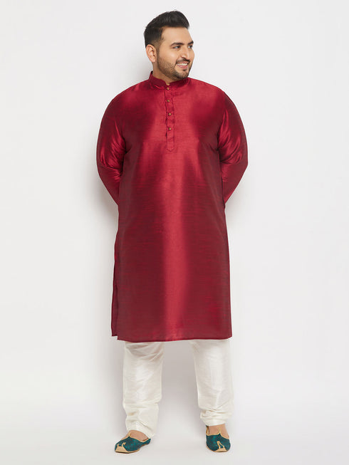Vastramay Men's PLus Size Maroon Silk Blend Kurta and Cream Pant Style Pyjama Set