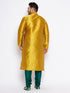 Vastramay Men's Plus Size Mustard Silk Blend Kurta And Green Pyjama Set