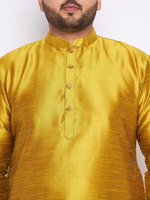 Vastramay Men's Plus Size Mustard Silk Blend Kurta And Green Pyjama Set