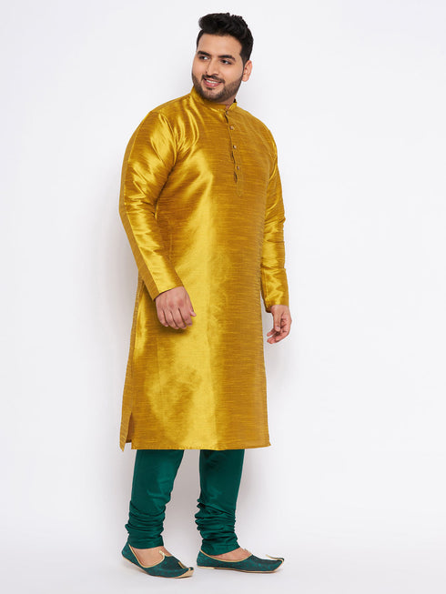 Vastramay Men's Plus Size Mustard Silk Blend Kurta And Green Pyjama Set