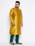 Vastramay Men's Plus Size Mustard Silk Blend Kurta And Green Pyjama Set