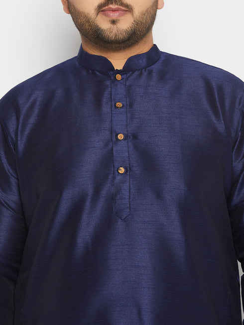 Vastramay Men's Plus Size Navy Blue Silk Blend Kurta and Cream Pant Style Pyjama Set