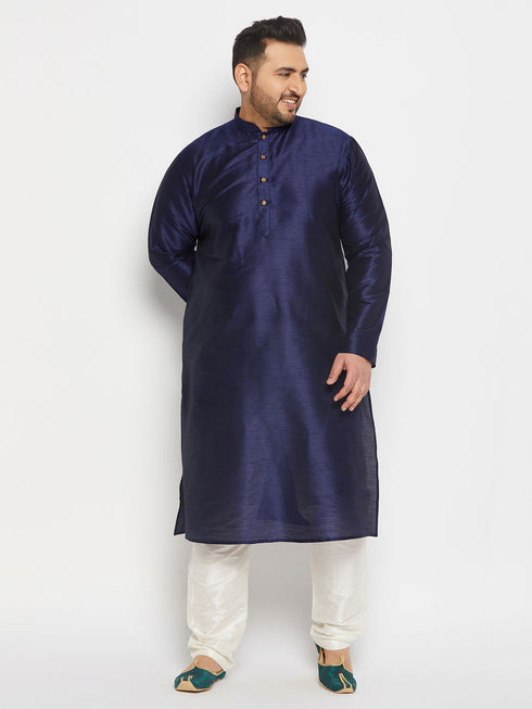 Vastramay Men's Plus Size Navy Blue Silk Blend Kurta and Cream Pant Style Pyjama Set
