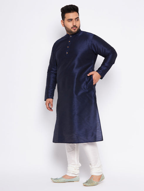 Vastramay Men's Plus Size Navy Blue Silk Blend Kurta and Cream Pyjama Set