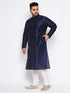 Vastramay Men's Plus Size Navy Blue Silk Blend Kurta and Cream Pyjama Set