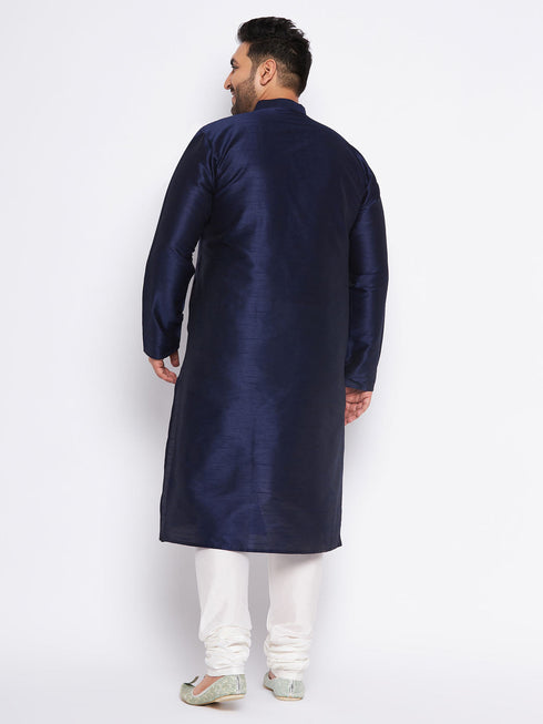 Vastramay Men's Plus Size Navy Blue Silk Blend Kurta and Cream Pyjama Set