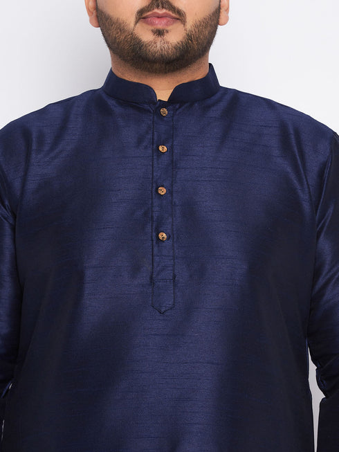 Vastramay Men's Plus Size Navy Blue Silk Blend Kurta and Cream Pyjama Set