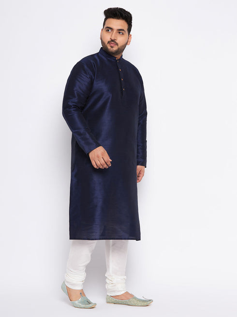 Vastramay Men's Plus Size Navy Blue Silk Blend Kurta and Cream Pyjama Set