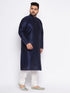Vastramay Men's Plus Size Navy Blue Silk Blend Kurta and Cream Pyjama Set