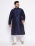Vastramay Men's Plus Size Navy Blue Silk Blend Kurta and Cream Pyjama Set