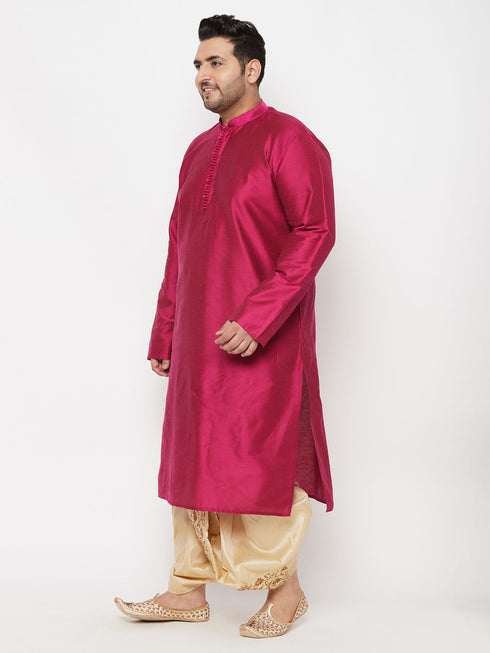 Vastramay Men's Plus Size Fuchsia Silk Blend Kurta And Gold Dhoti Set