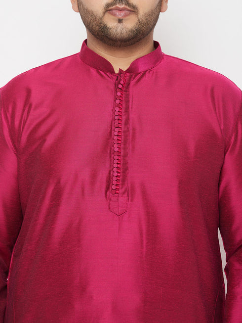 Vastramay Men's Plus Size Fuchsia Silk Blend Kurta And Gold Dhoti Set