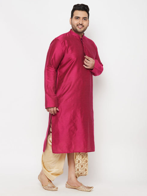 Vastramay Men's Plus Size Fuchsia Silk Blend Kurta And Gold Dhoti Set