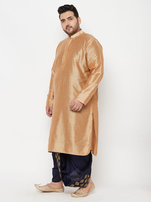 Vastramay Men's Plus Size Viscose Rose Gold Silk Blend Kurta And Navy Blue Dhoti Set