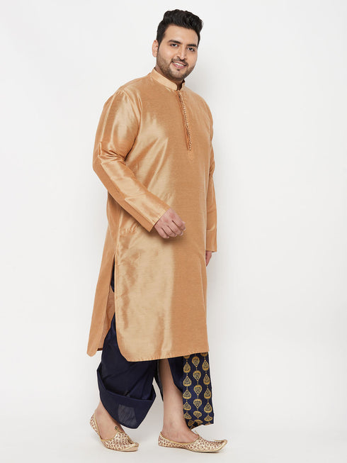 Vastramay Men's Plus Size Viscose Rose Gold Silk Blend Kurta And Navy Blue Dhoti Set