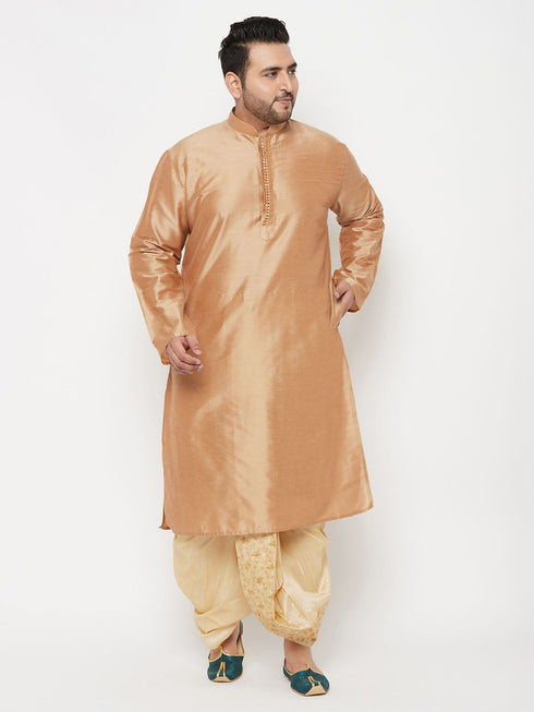 Vastramay Men's Plus Size Rose Gold Silk Blend Kurta And Gold Dhoti Set