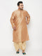 Vastramay Men's Plus Size Rose Gold Silk Blend Kurta And Gold Dhoti Set