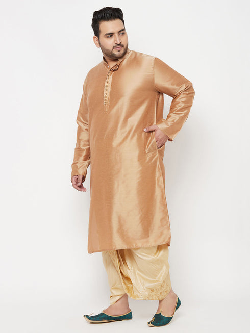 Vastramay Men's Plus Size Rose Gold Silk Blend Kurta And Gold Dhoti Set