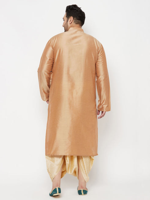 Vastramay Men's Plus Size Rose Gold Silk Blend Kurta And Gold Dhoti Set