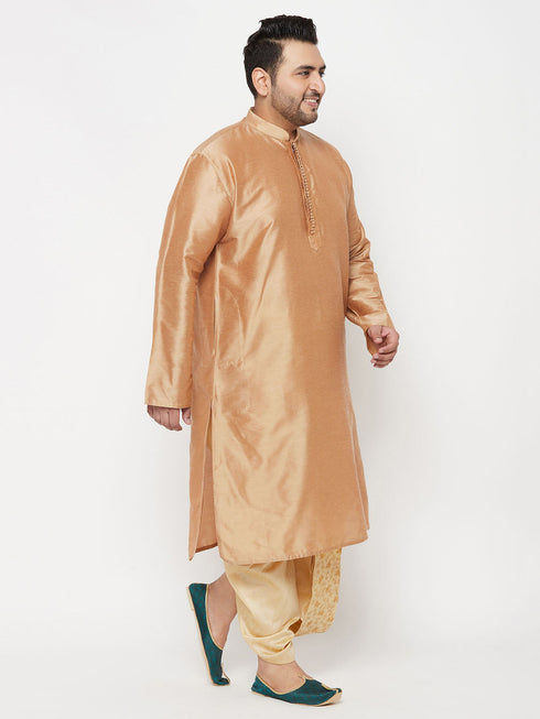 Vastramay Men's Plus Size Rose Gold Silk Blend Kurta And Gold Dhoti Set