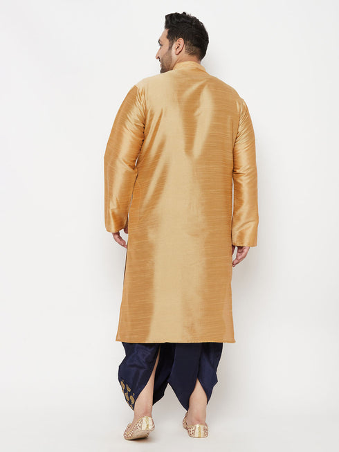 Vastramay Men's Plus Size Rose Gold Silk Blend Kurta And Navy Blue Dhoti Set