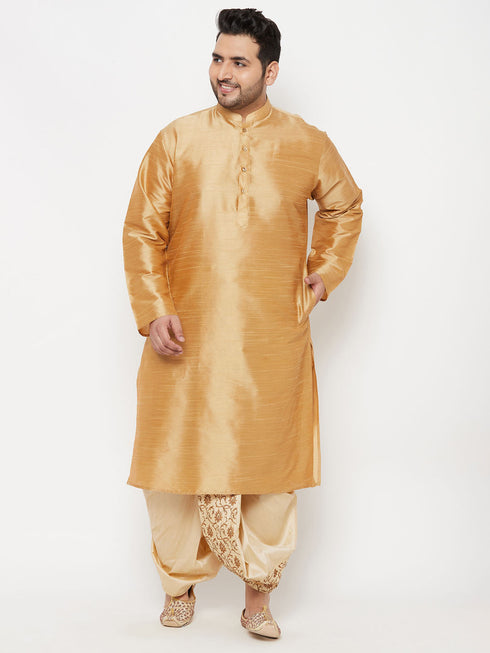 Vastramay Men's Plus Size Rose Gold Silk Blend Kurta And Gold Dhoti Set