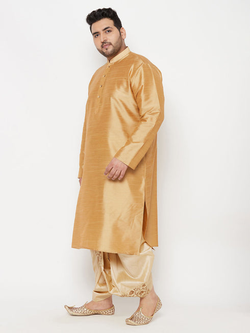 Vastramay Men's Plus Size Rose Gold Silk Blend Kurta And Gold Dhoti Set