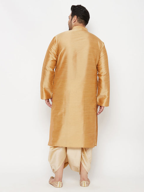Vastramay Men's Plus Size Rose Gold Silk Blend Kurta And Gold Dhoti Set