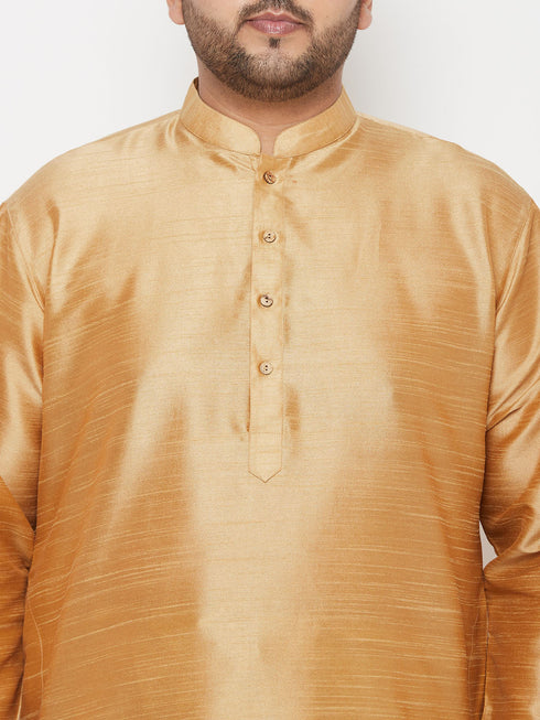 Vastramay Men's Plus Size Rose Gold Silk Blend Kurta And Gold Dhoti Set