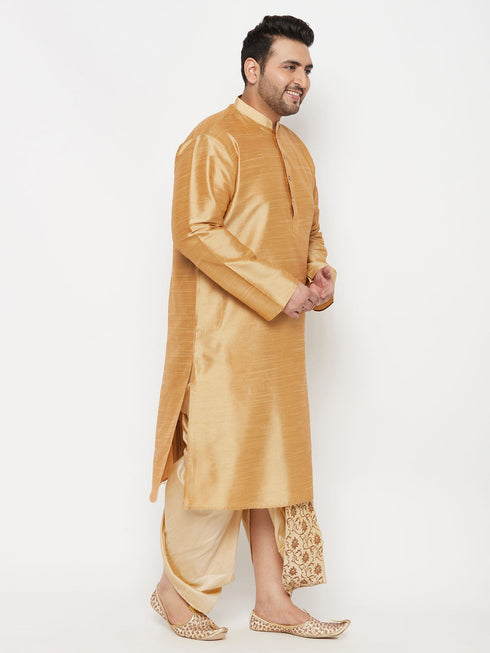 Vastramay Men's Plus Size Rose Gold Silk Blend Kurta And Gold Dhoti Set
