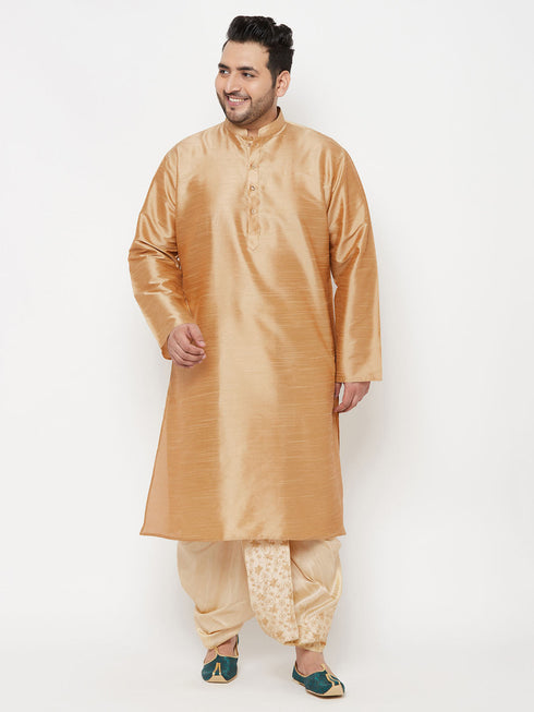 Vastramay Men's Plus Size Rose Gold Silk Blend Kurta And Gold Dhoti Set