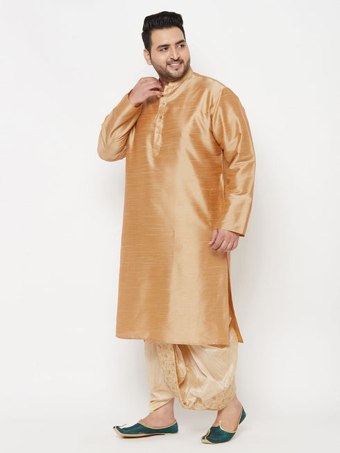 Vastramay Men's Plus Size Rose Gold Silk Blend Kurta And Gold Dhoti Set