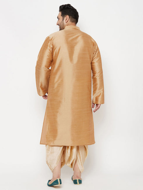 Vastramay Men's Plus Size Rose Gold Silk Blend Kurta And Gold Dhoti Set