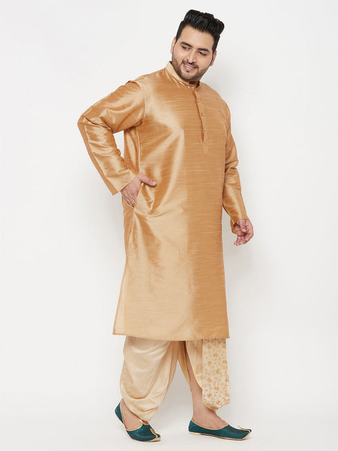 Vastramay Men's Plus Size Rose Gold Silk Blend Kurta And Gold Dhoti Set