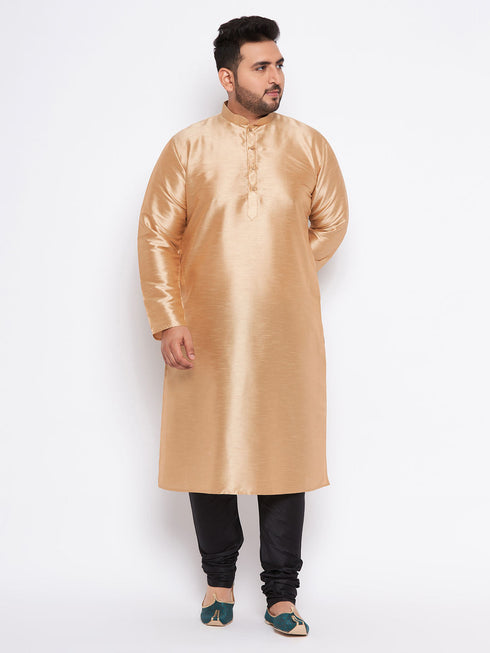 Vastramay Men's Plus Size Rose Gold Silk Blend Kurta And Black Pyjama Set